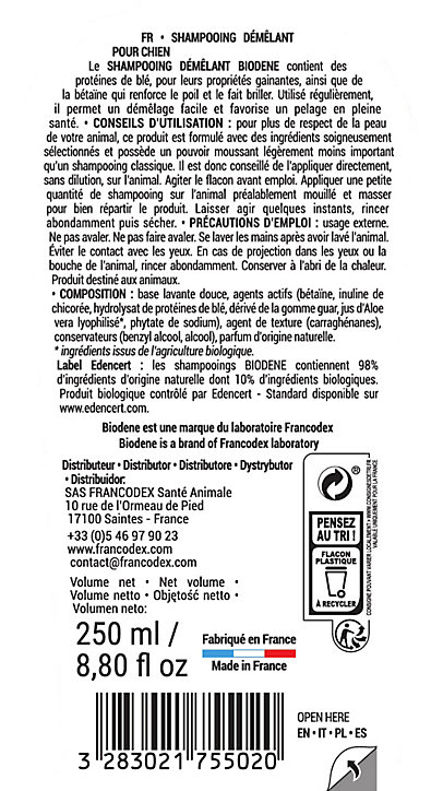Shampoing bio démêlant pour chien 250ml, Biodene