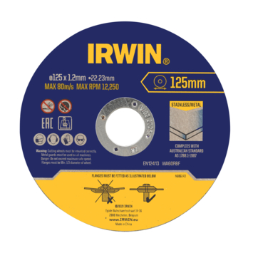 Irwin Pro doorslijpschijven Ø125 mm. Dikte 1.2 mm. Voor metaal. 10 stuks in blik.