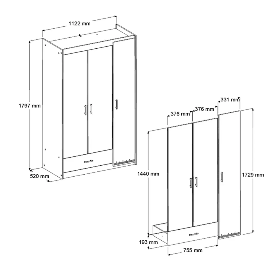 Kledingkast Charly 3-deurs - acaciakleur - 180x112x52 cm