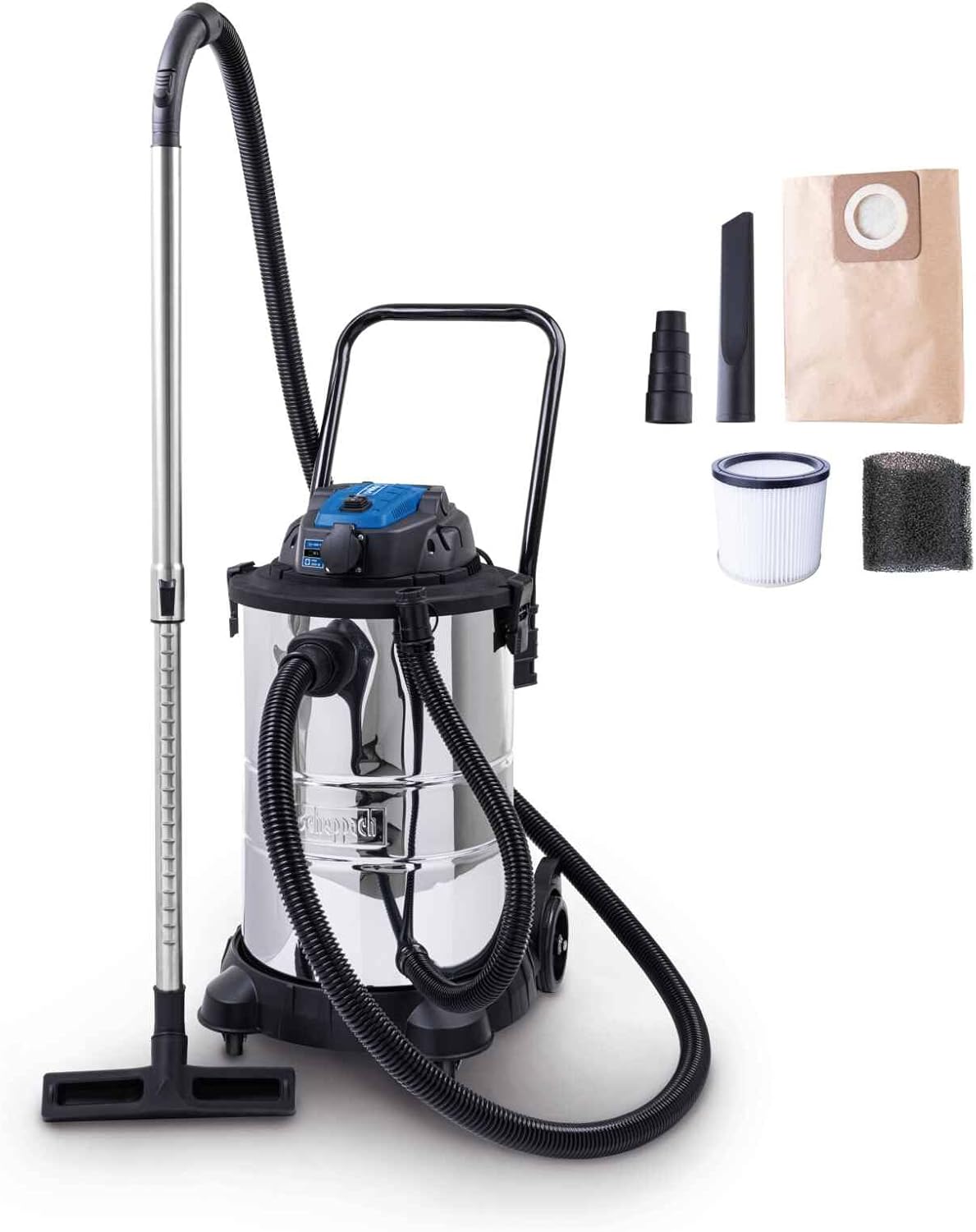 Scheppach Nass- / Trockensauger VC50 Nasssauger | 50L Edelstahlbehälter & Zubehör | 1400W Leistung | 20kPa Saugleistung | Teleskoprohr, Werkzeugsteckdose sowie Schnellverschluss | 5m Kabel 3m Schlauch