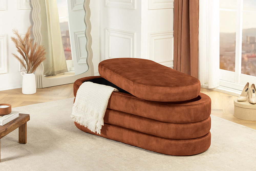Extravagante Polsterbank VOGUE 115cm rost braun Samt Sitzbank mit Stauraum