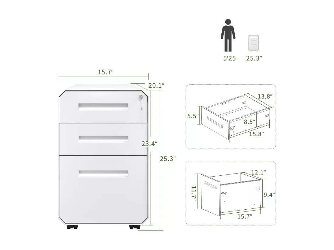 Caisson de Bureau - 3 Tiroirs Métal Caisson de Rangement avec roulettes - Meuble de Bureau pour Dossiers Suspendus - Blanc - 51 x 40 x 64cm