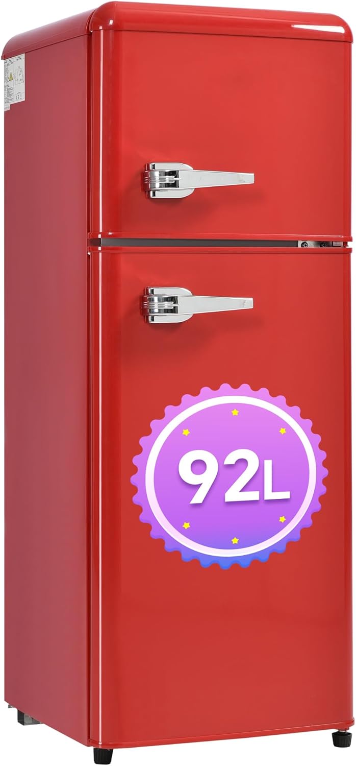 Retro-Kühlschrank. Kühl-Gefrier-Kombination, 105.5 cm hoch, 41 cm breit, zweitürig, mit 92 Liter Gesamtvolumen, 28 Liter Gefriervolumen. Türregale und Glasregale. 181 kWh/Jahr,