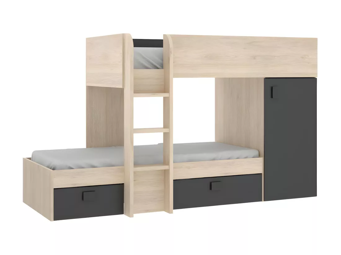 Lits superposés d'angle réversibles RICARDO - 2 x 90 x 190 cm - Rangements intégrés - Chêne et anthracite