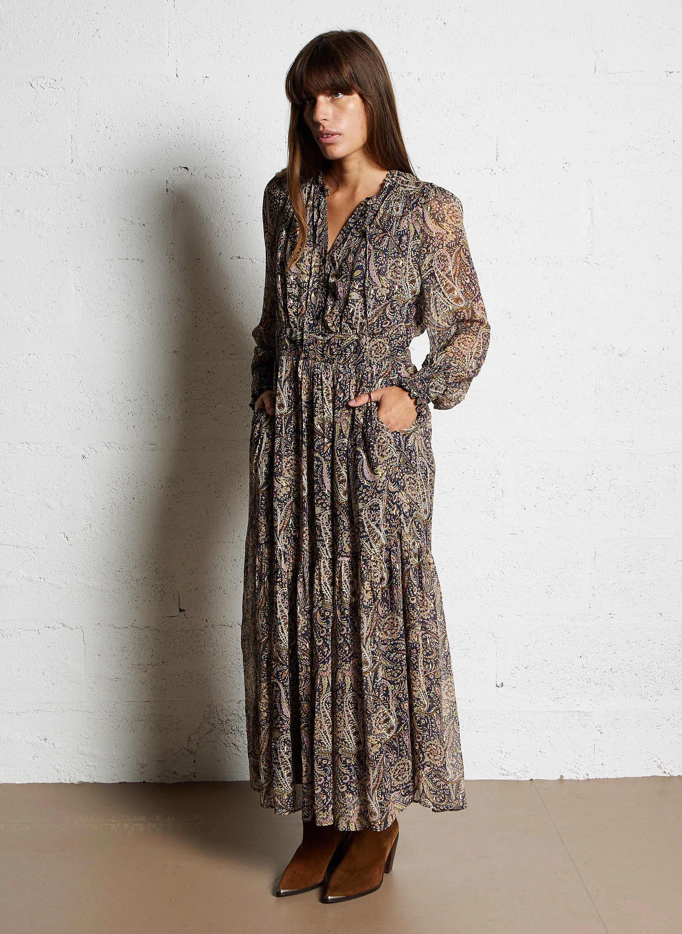 SYBILLE - Robe longue col V imprimée | Bleu