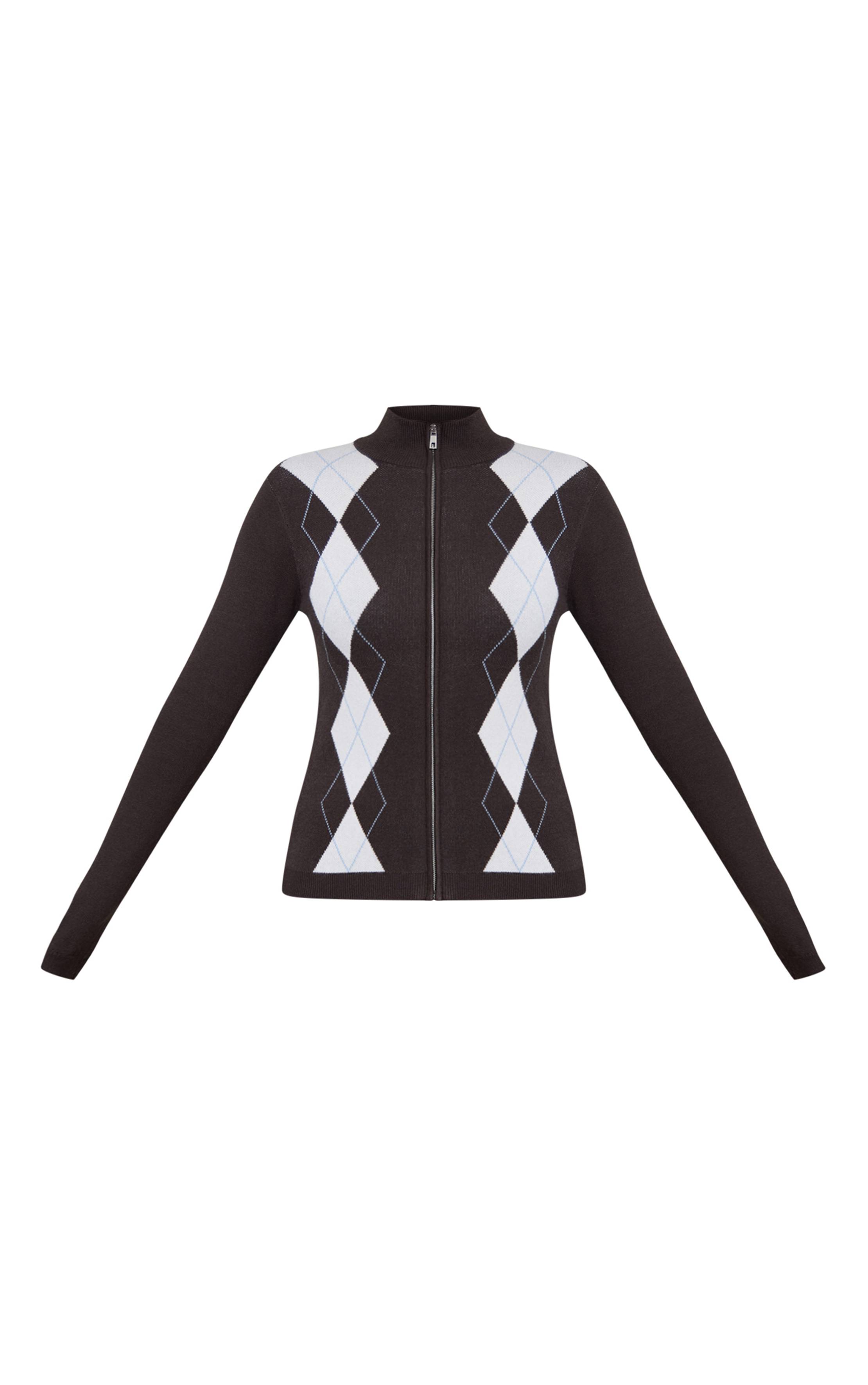 Chocolat Cardigan Zippé À Col Montant Motif Argyle