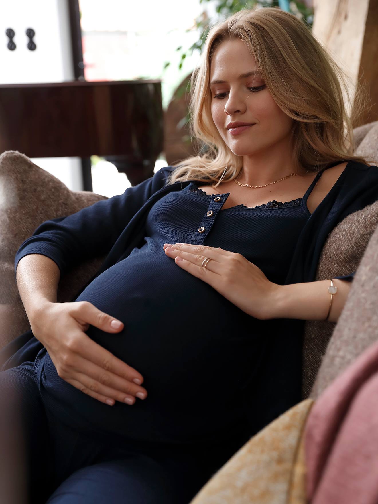 Conjunto de roupa íntima de 3 peças para gestantes e lactantes, azul escuro liso