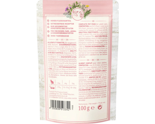 WILDES LAND natvoer voor katten, kalf en eend met veenbessen, met waardevolle superfoods, graanvrij, glutenvrij, 100 g