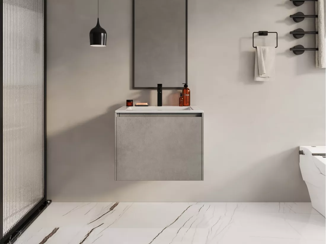 Meuble de salle de bain suspendu avec vasque à encastrer - Gris béton - 60 cm - SOSTHENE