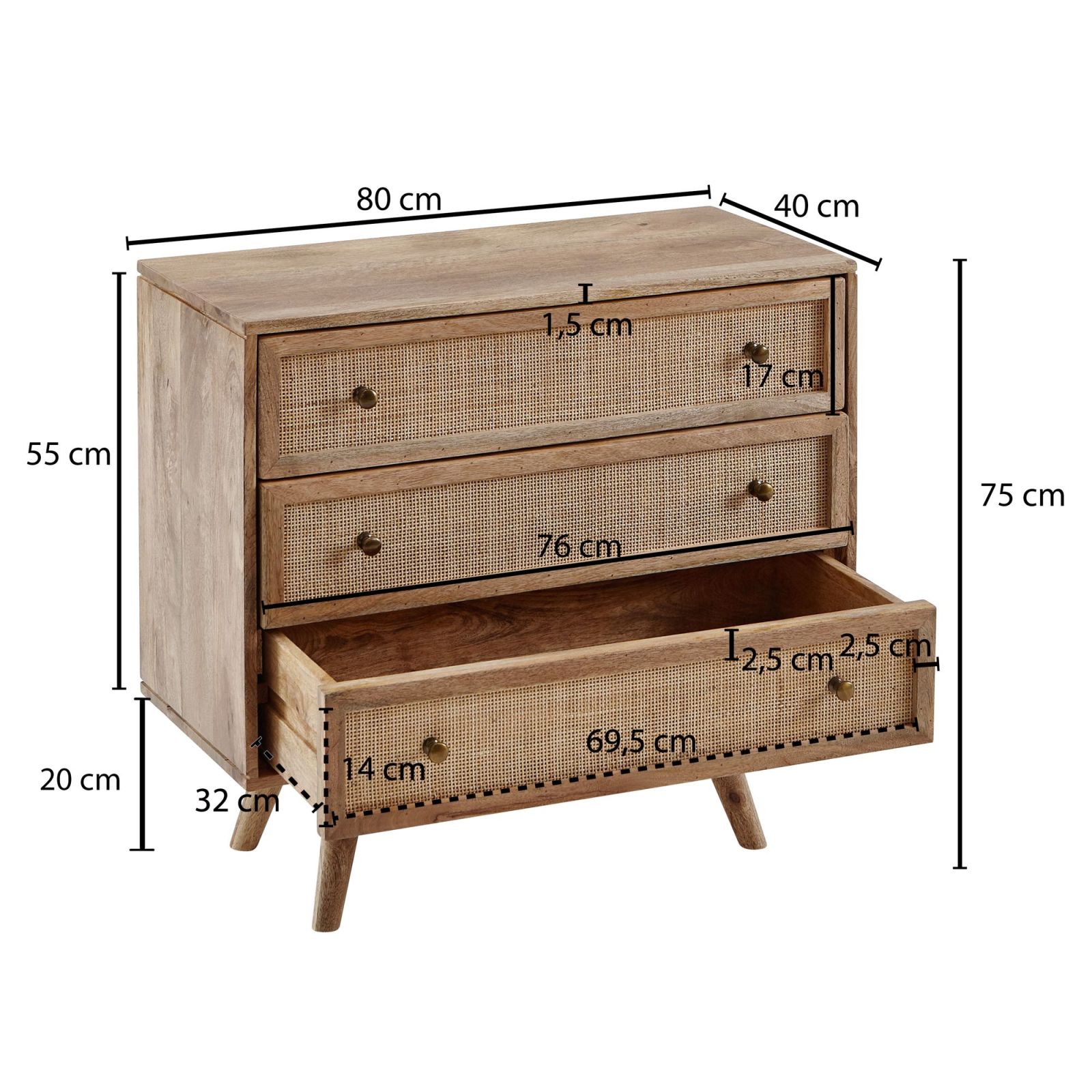Kommode - hellbraun - Mango Massivholz - 80 cm