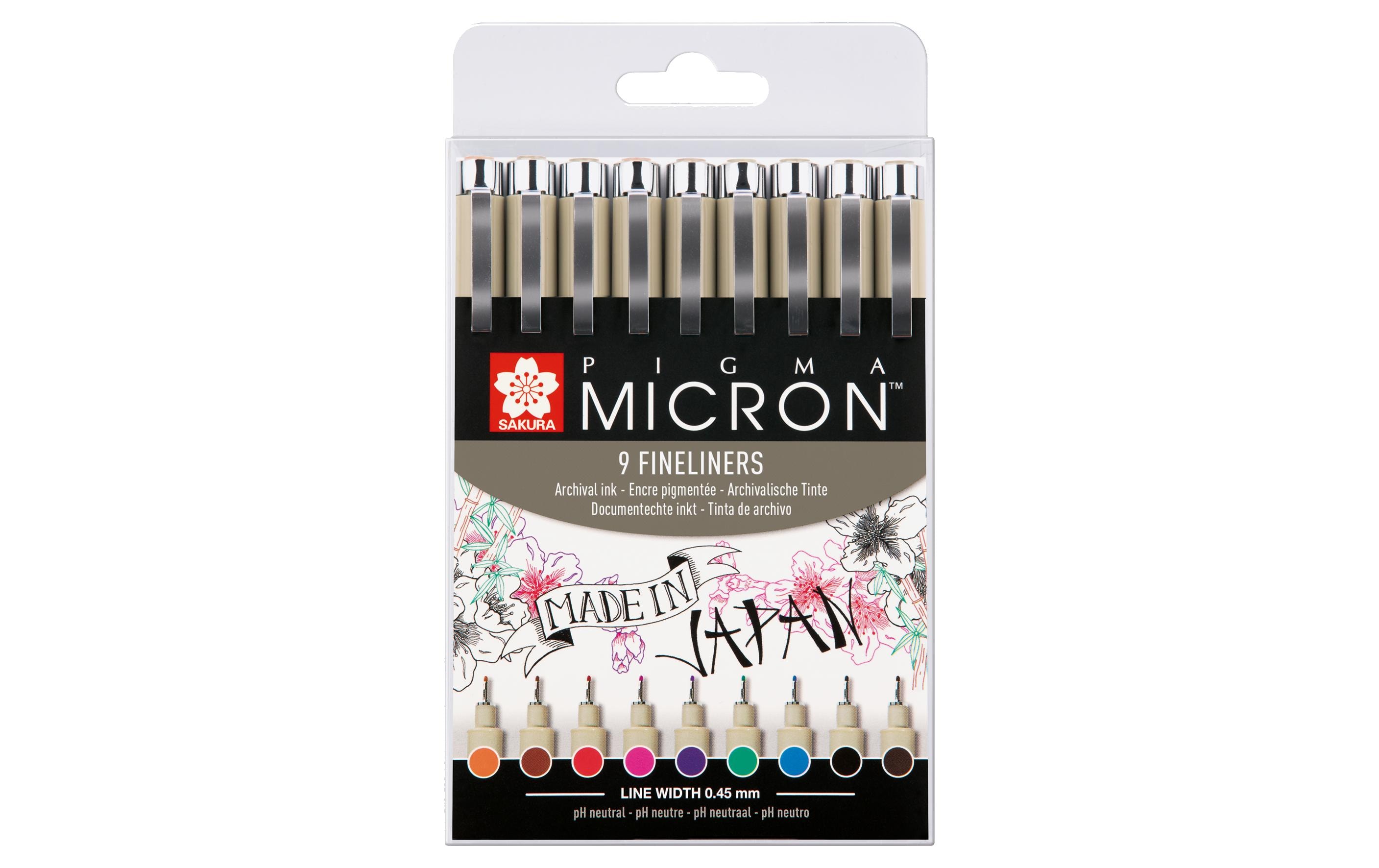 Fineliner Pigma Micron Bunt, 9-TeiligWasserfeste Fineliner in 9 Grössen