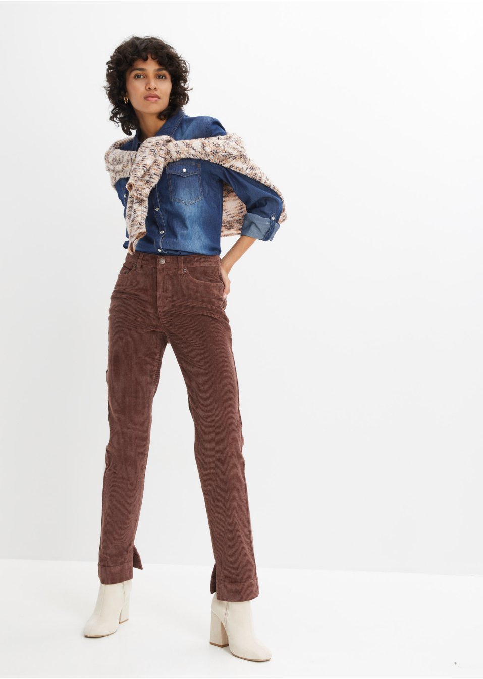 Pantalon velours côtelé extensible, Straight avec fente