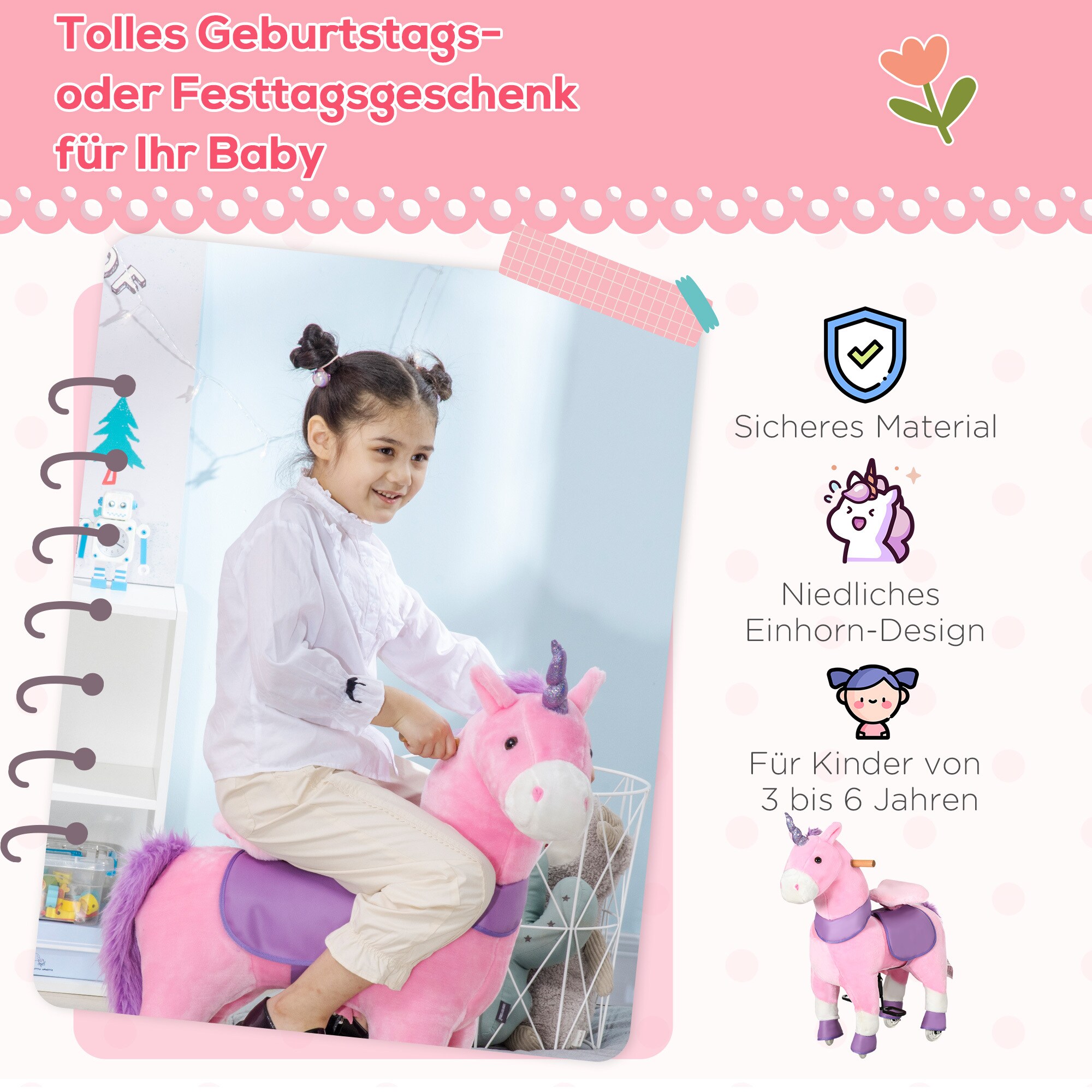 HOMCOM Kinder-Schaukelpferd mit Rollen rosa, lila 70L x 32B x 87H cm