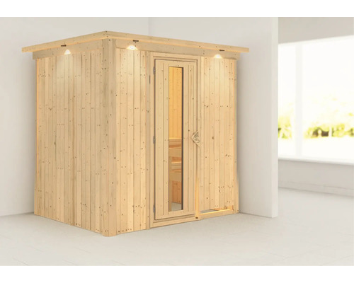 Karibu Wanja plug & play sauna zonder kachel, met dakrand en geïsoleerde houten deur met dubbel glas.