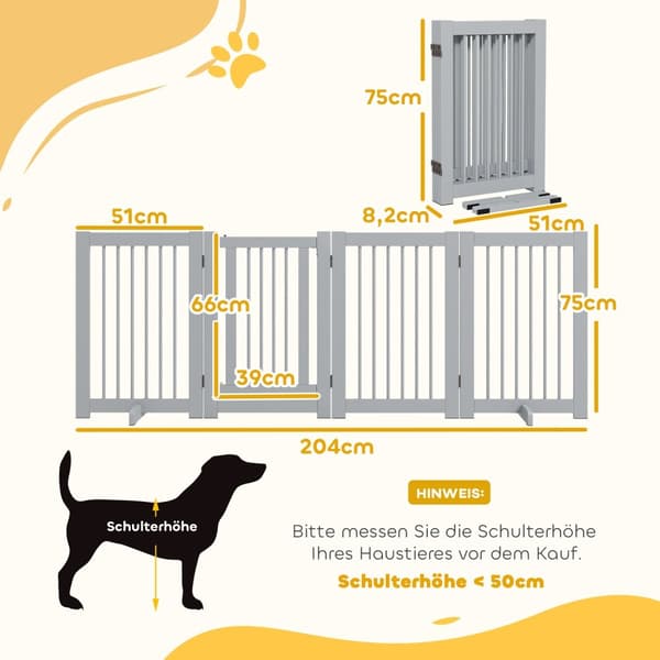 Hundesperre, 4 deler, 204 x 75 cm, sammenleggbar dør sikkerhetsport med dør, frittstående hundeport med 2 støtteføtter, tretrappport for gang, kjøkken