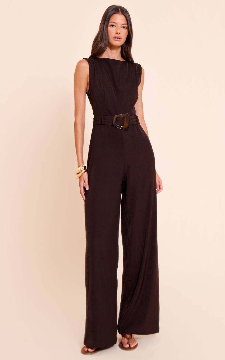 Chocolat Combinaison-pantalon Tissée À Encolure Bateau Et Jambes Droites