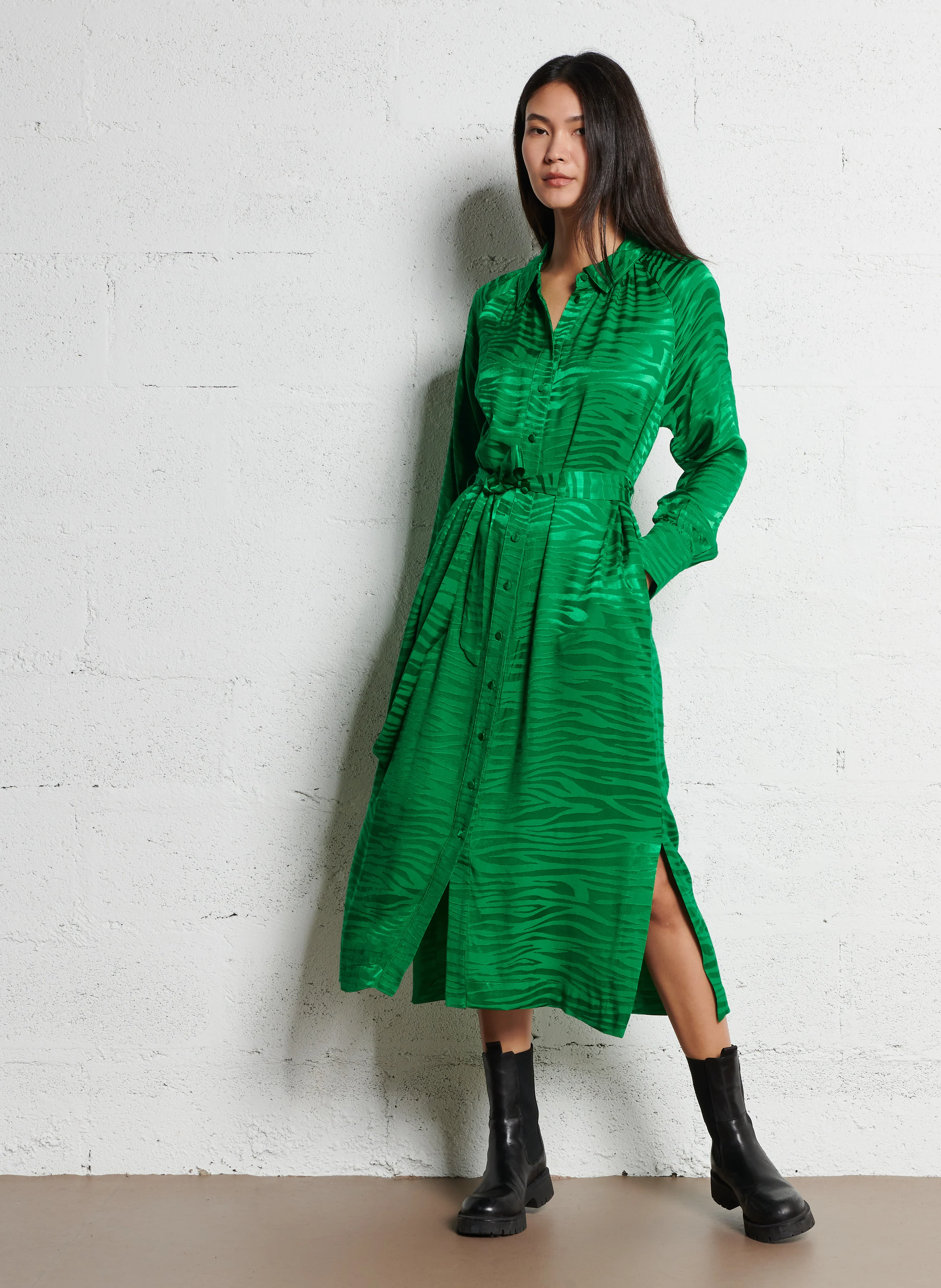CRAFT - Robe midi col classique en jacquard | Vert
