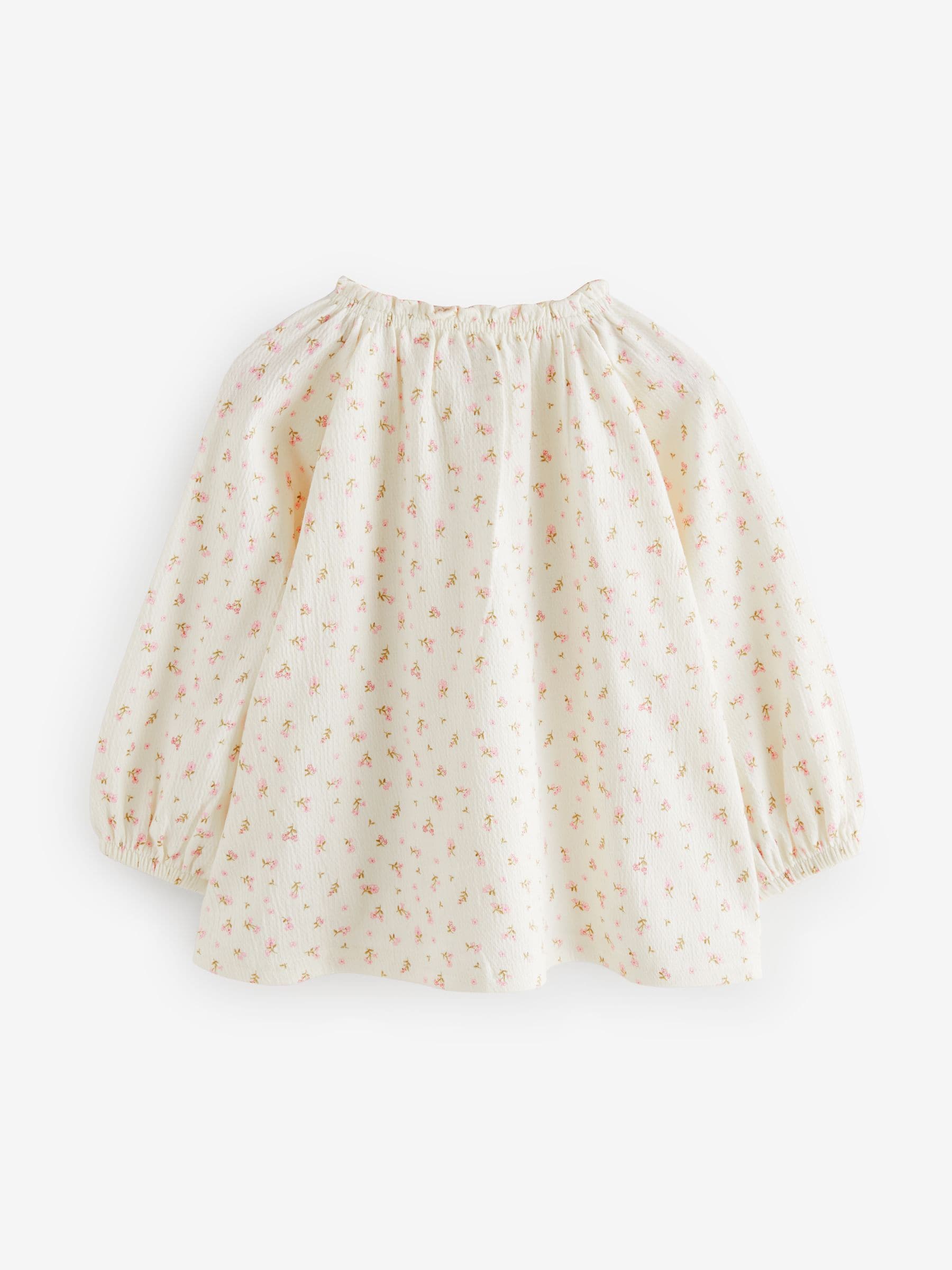 Crèmekleurige fijne bloemenprint - Blouse met lange mouwen en geplooide hals (3mnd-7jr)