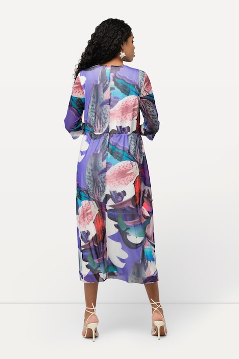 Meshkleid, Blüten, Wickeloptik, V-Ausschnitt, 3/4-Arm