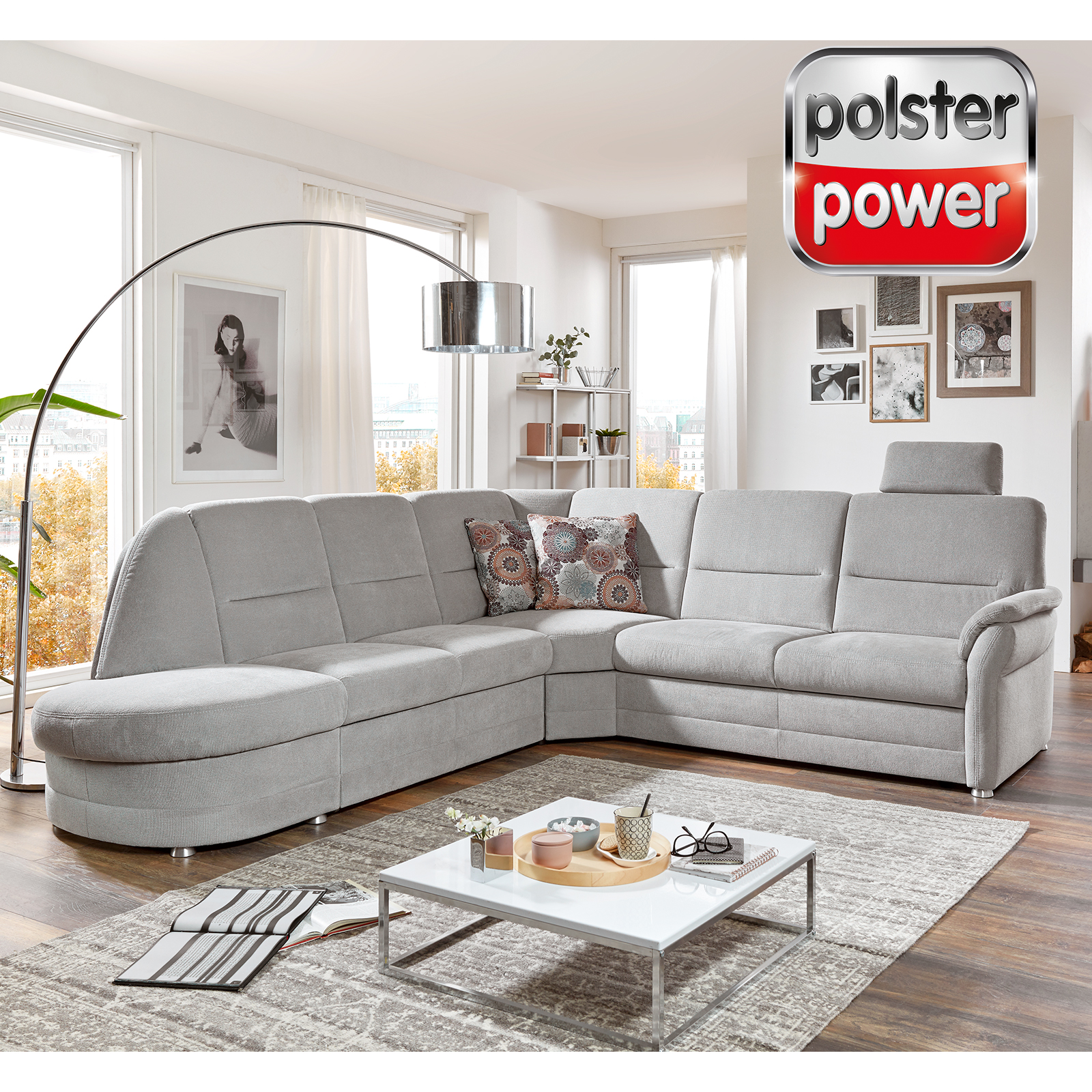 polsterpower Ecksofa - silber - Microchenille - Recamiere links
