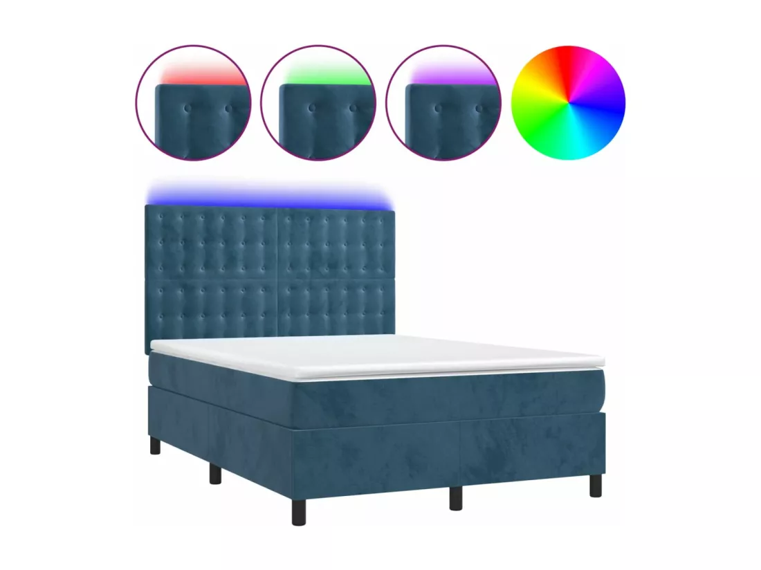 Sommier tapissier matelas et LED Bleu foncé 140x190 cm Velours