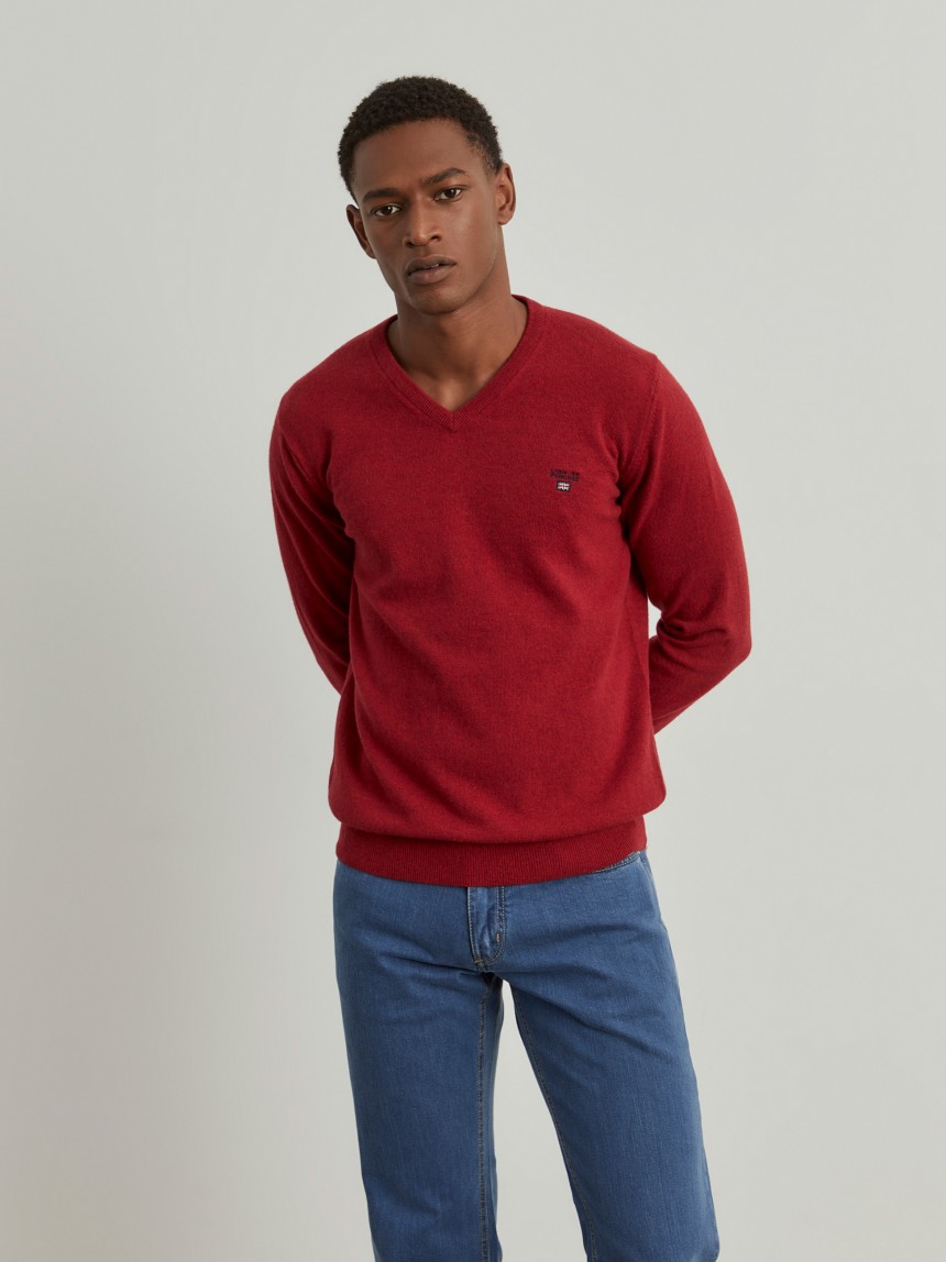 Pullover decote em V mistura de lã