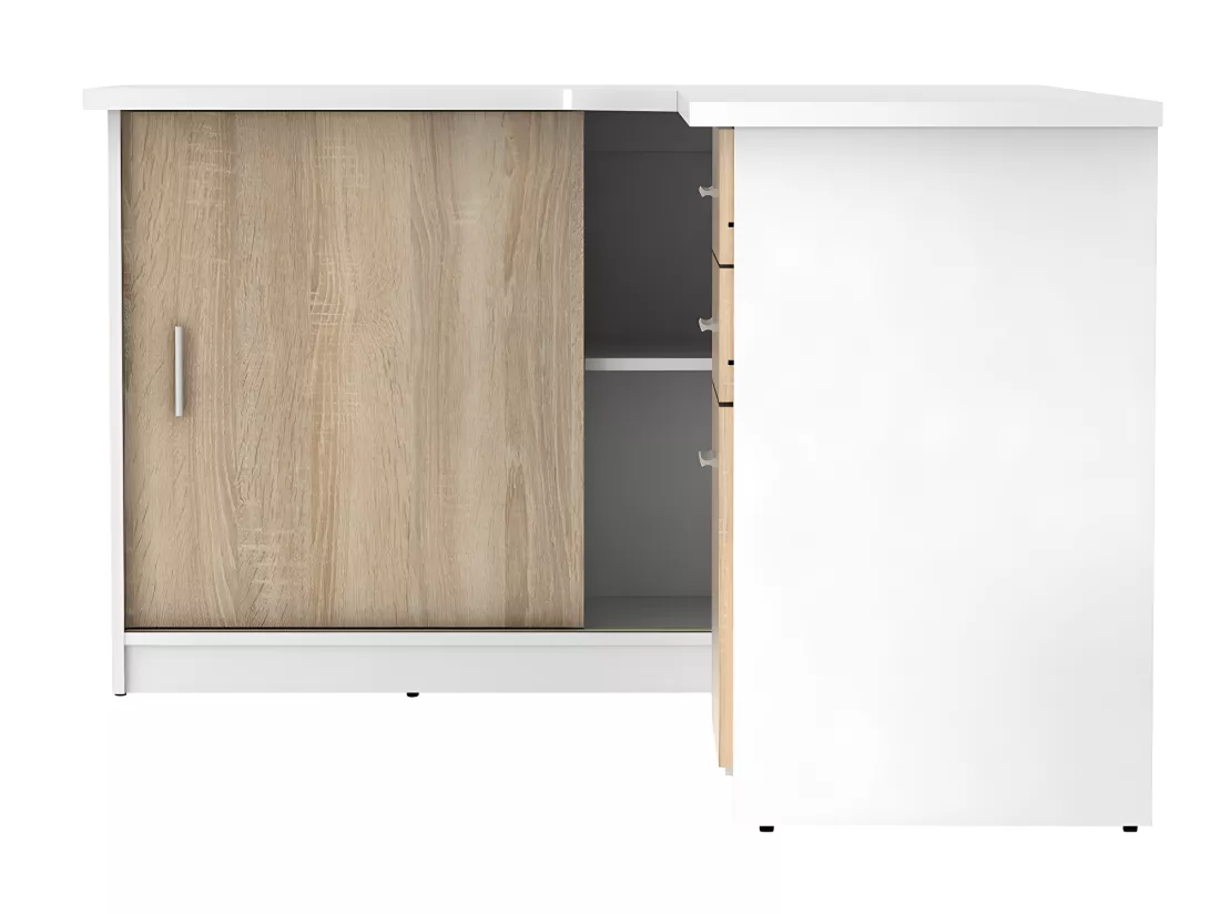 Bureau d'angle NORWY - 2 portes & 2 tiroirs - Blanc et chêne
