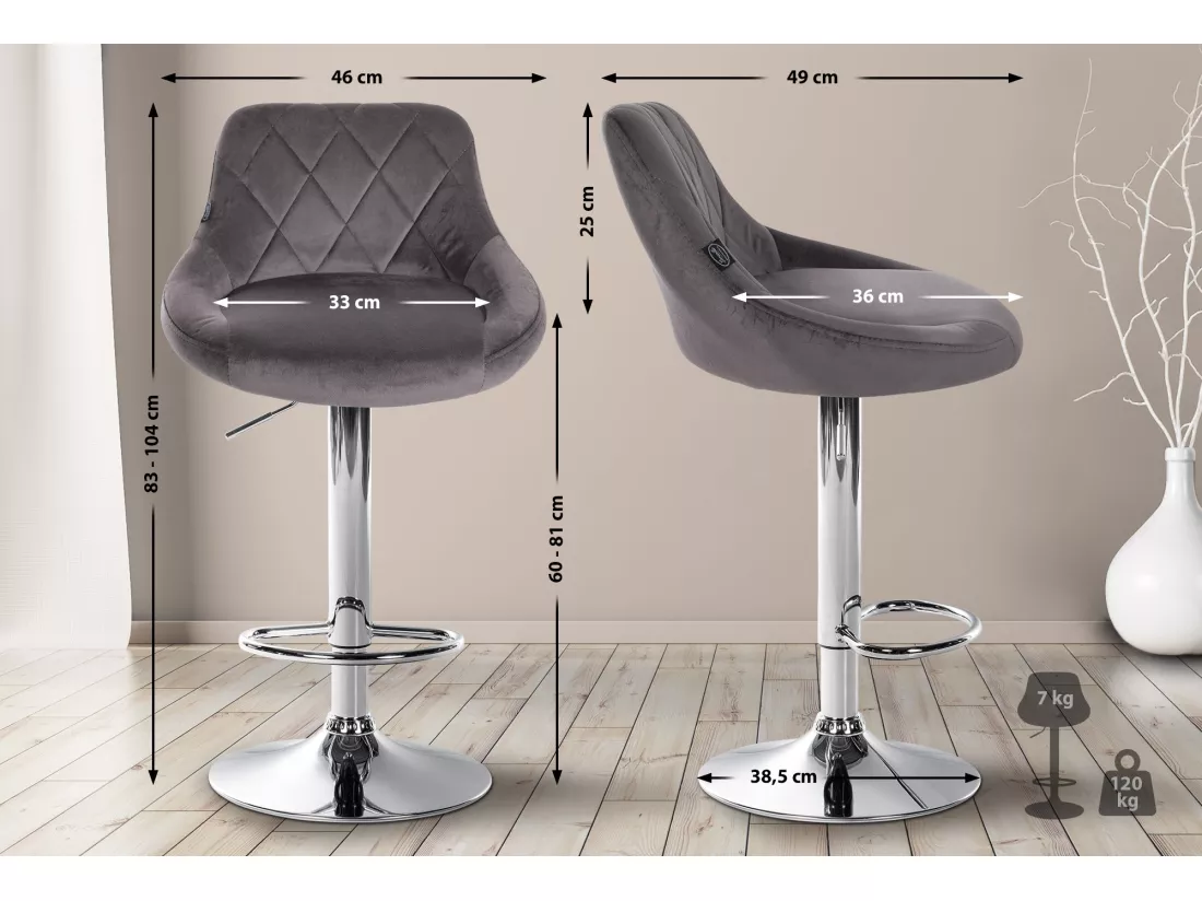 Lot de 2 Tabourets de bar - Velours & Métal - Gris - Lazio