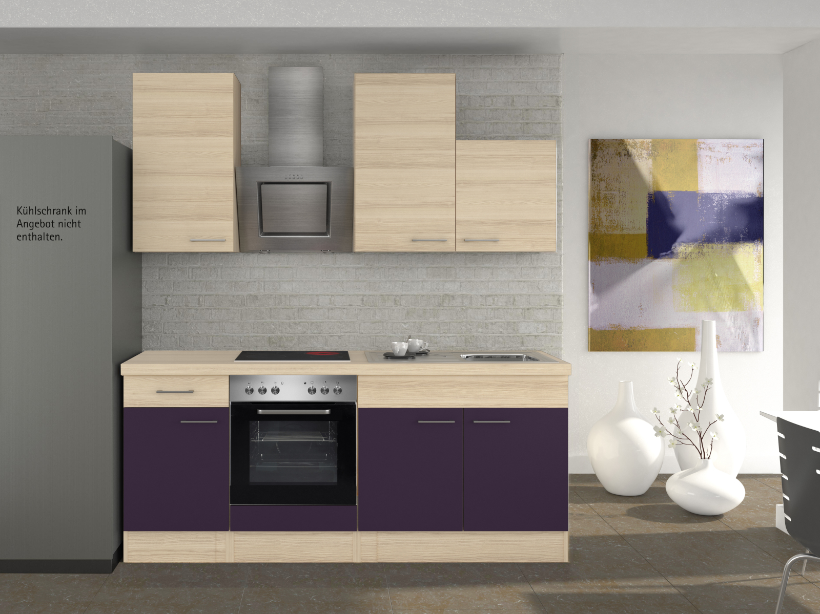Küchenblock FOCUS - Akazie-Aubergine - mit E-Geräten - 210 cm
