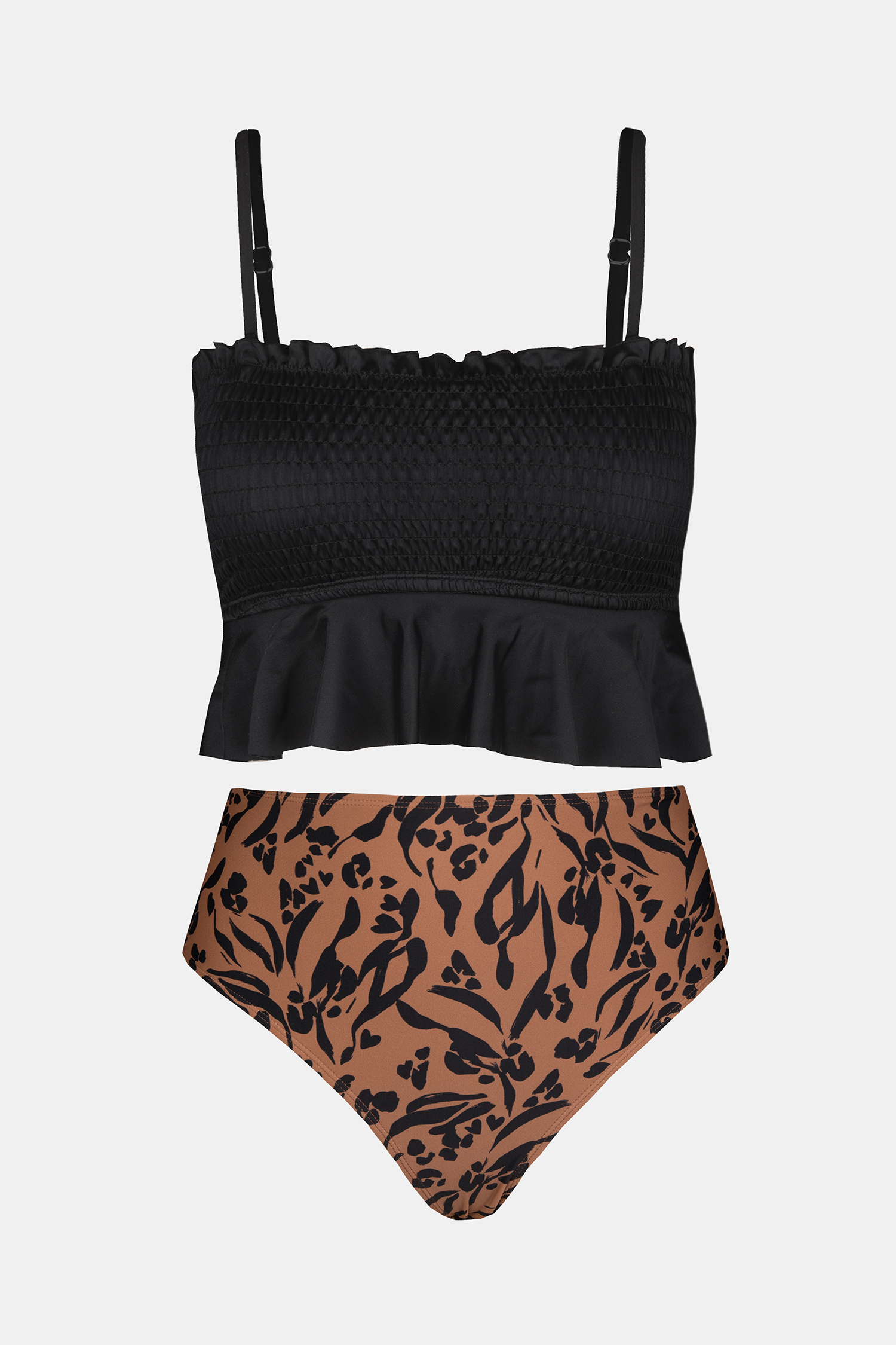 Tankini taille haute à smocks noir
