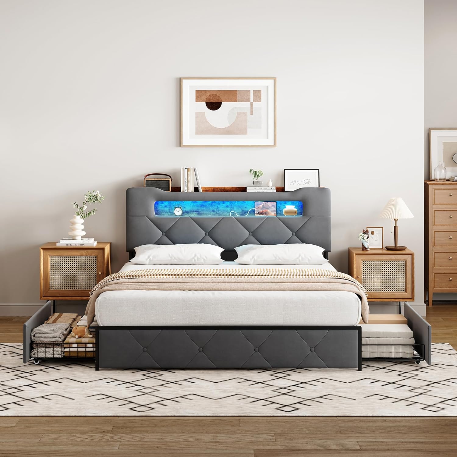 Bettkasten, 140 x 200 cm, Aufbewahrung mit 4 Schubladen, für Doppelbett, Erwachsene, Polsterbett mit Lattenrost, Kopfteil mit LED-Beleuchtung & USB (ohne Matratze) (Grau, 140 x 200 cm)