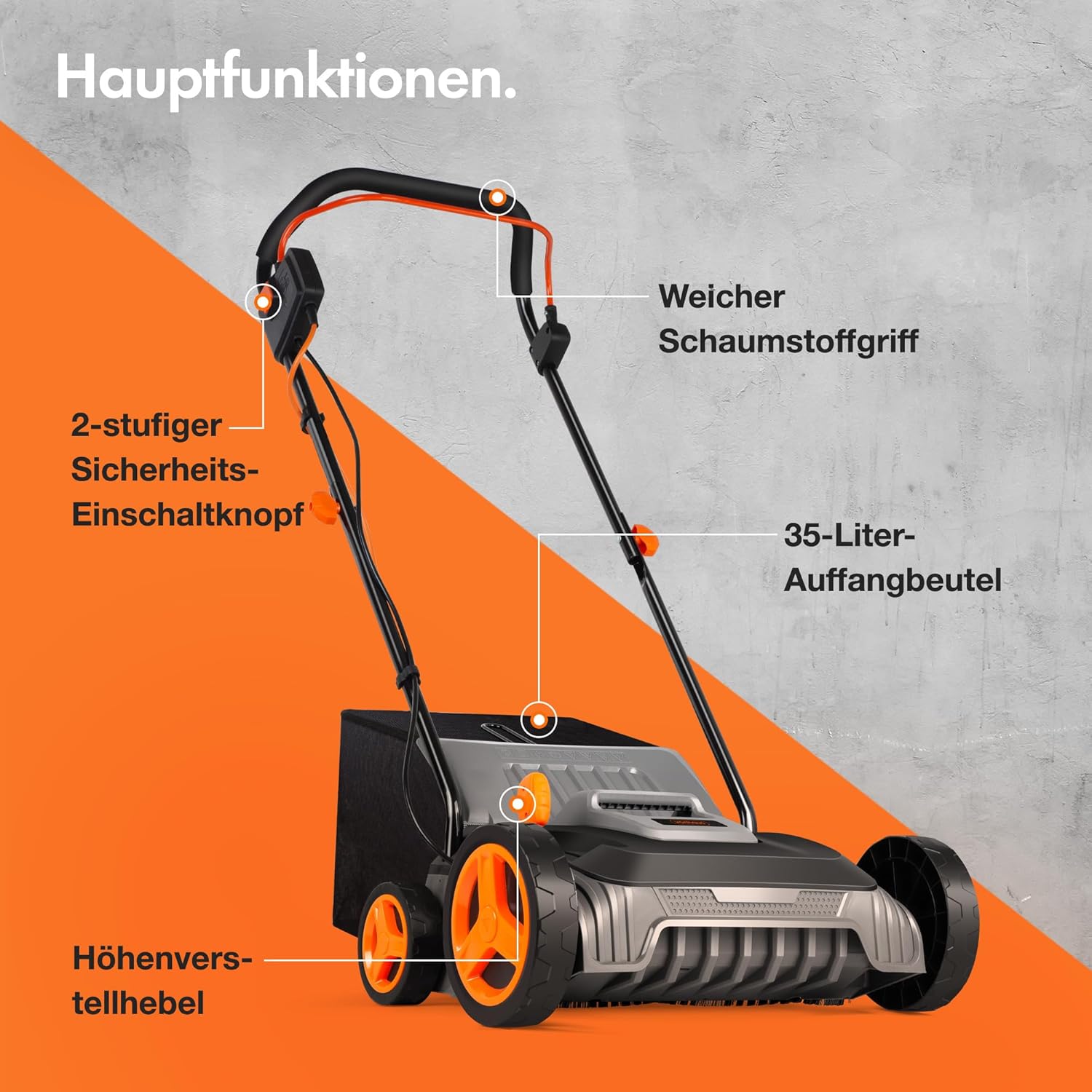 VonHaus 1800 W Laubsammler für Kunstrasen – Elektrische Kehrmaschine – Laubsauger mit 45-L-Beutel, 5 Einstellbare Höhen, 380 mm Arbeitsbreite, Zusammenklappbarer Griff, 3 Jahre Garantie (1500W)