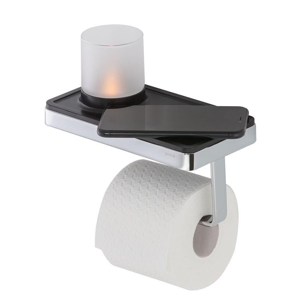 Geesa Frame toiletrolhouder met planchet en (LED licht)houder zwart/chroom