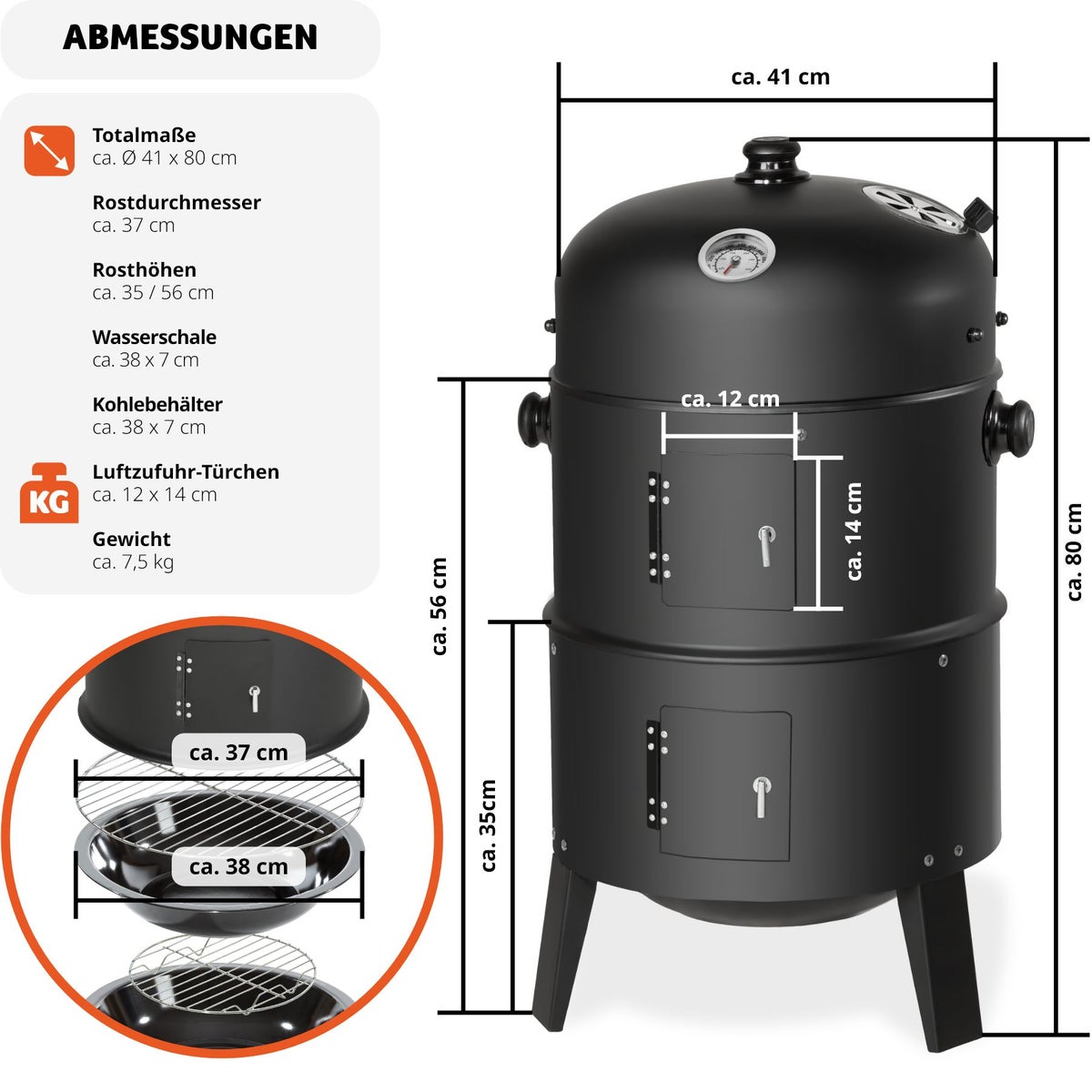 Rookoven tectake 3 in 1, voor grillen, roken, koken Ø 41 cm