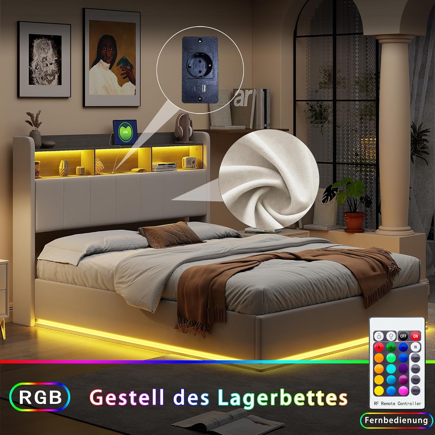 Bett mit Stauraum,Polsterbett Doppelbett 140x200 cm mit LED,Hydraulisch Stauraumbett LED-gepolstertes Bett mit Bettkasten für Doppelbett mit Aufbewahrung mit Kopfteil und Lattenrost Funktionsbett