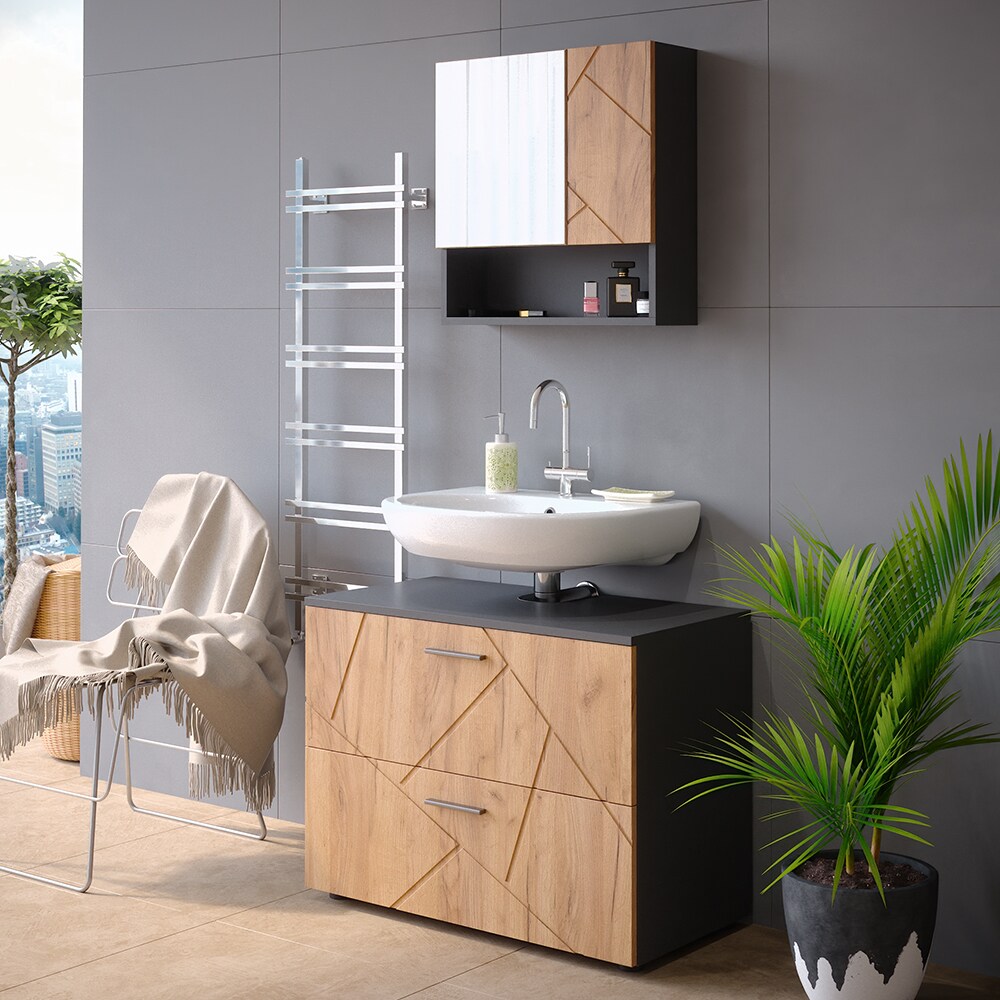 Vicco Waschtischunterschrank Badschrank Badezimmerschrank Irma Anthrazit Eiche 80 cm Hochglanz