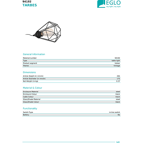 Tarbes bordlampe sort