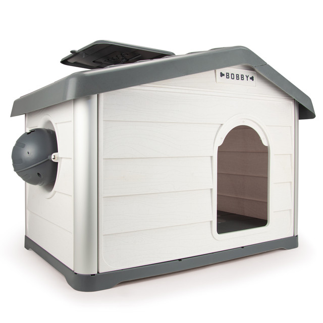 Loboo – Smartkave Casinha Modular para Cães na Cor Antracite, com Piso Elevado, Paredes Isoladas, Comedouro, Bordas Arredondadas e Parede Traseira Articulada.