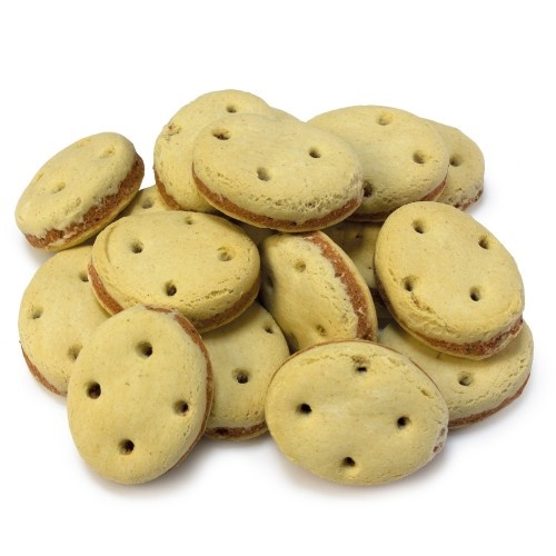 Biscoitos para cães em formato de sanduíche, sabor natural.
