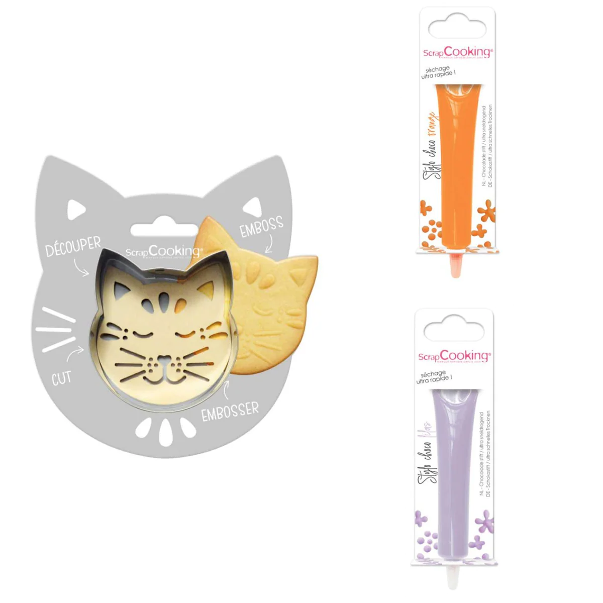 Kit pour biscuit en relief Chat + 2 Stylos au chocolat orange et lilas