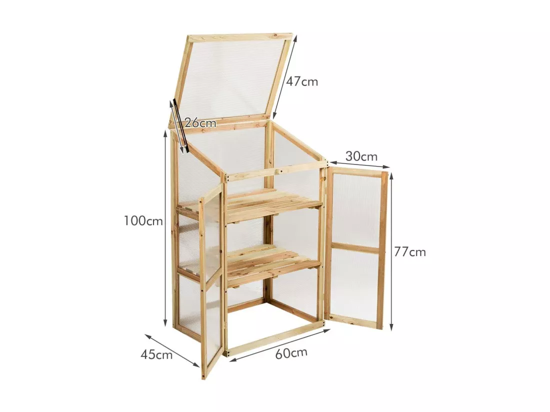 Mini Serre de Jardin 60x45x100CM Vitrages Transparents en Polycarbonate avec Etagères à 3 Niveaux pour Jardin/Balcon/Porche