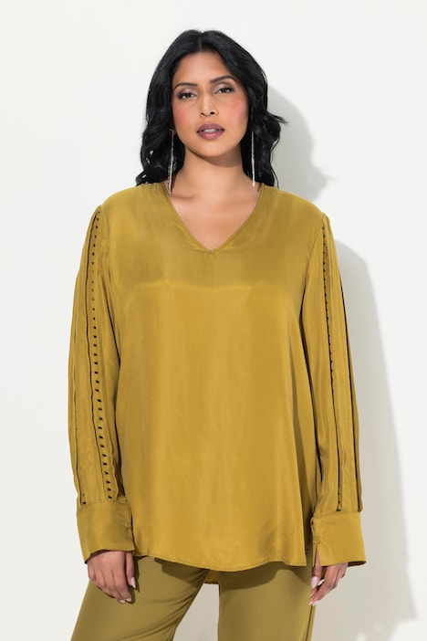 Cuprobluse, Perlen, V-Ausschnitt, Langarm
