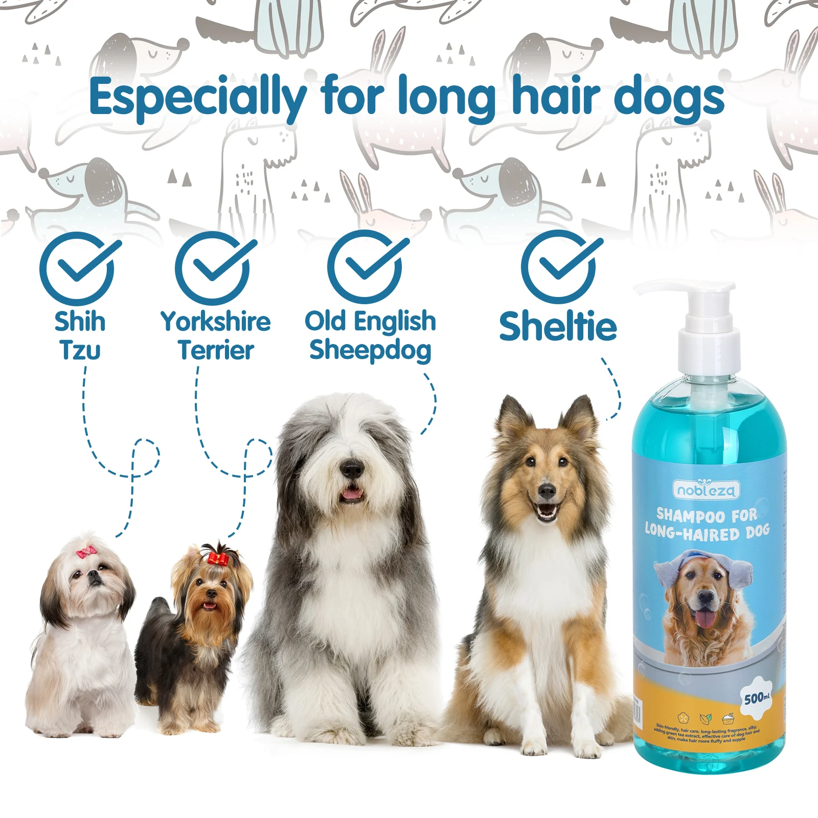Shampoo Nobleza para Cães de Pelo Longo com Camélia Hidratante, Shampoo Desembaraçante para Cães com Fragrância de Lavanda e Cítricos, Ideal para Yorkshire Terriers, Galgos Afegãos e Malteses (500ml)