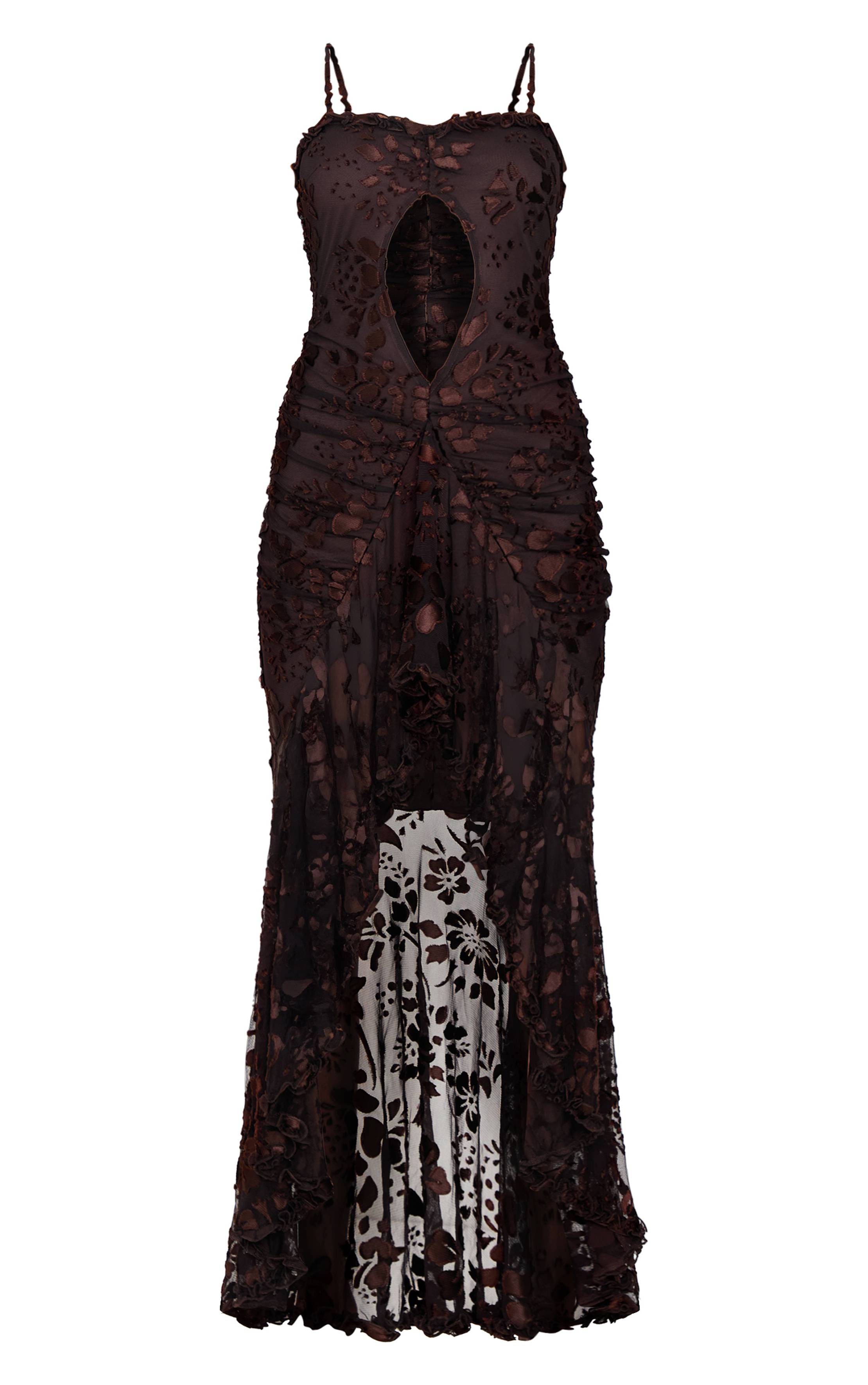 Marron Robe En Devoré À Découpes Et Détails À Volants