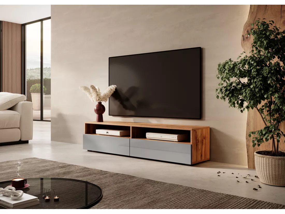 Meuble TV - 140 cm - chêne wotan / gris brillant - REDNAW