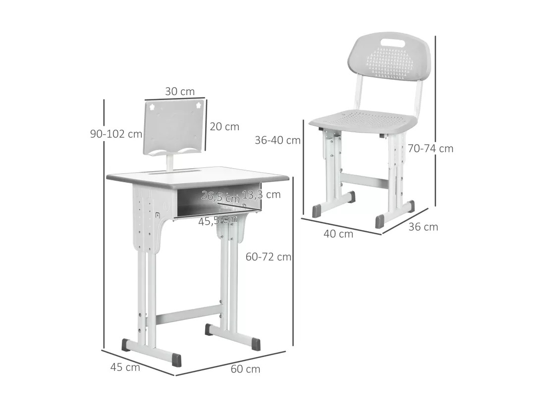 Bureau enfant avec chaise - ensemble bureau et chaise réglable - support de lecture, case - gris blanc