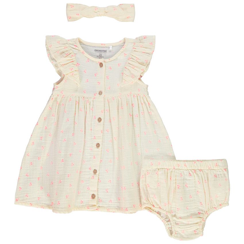 Ensemble 3 pièces robe + bloomer + bandeau à pois pour bébé fille - Ecru