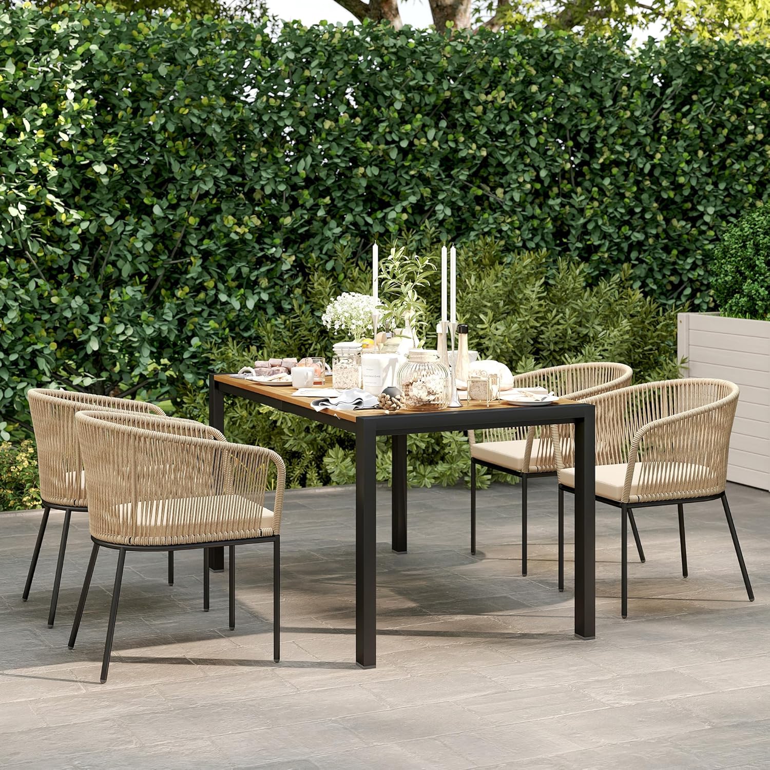 Outsunny 5-teiliges Polyrattan Gartenmöbel-Set für 4 Personen, wetterfest Balkonmöbel mit Tisch 4 Stühle abnehmbar Sitzkissen, Outdoor Terrassenmöbel Lounge-Set für Balkon, Garten, Naturholz+Khaki