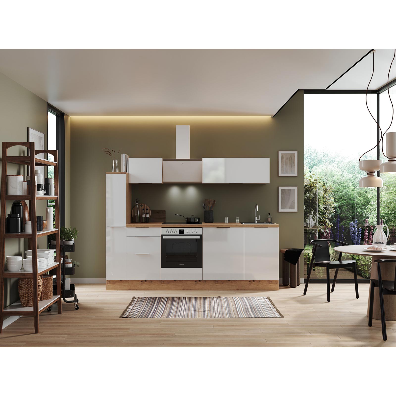 RESPEKTA Küchenblock - weiß Hochglanz - Artisan Eiche - mit E-Geräten - 250 cm