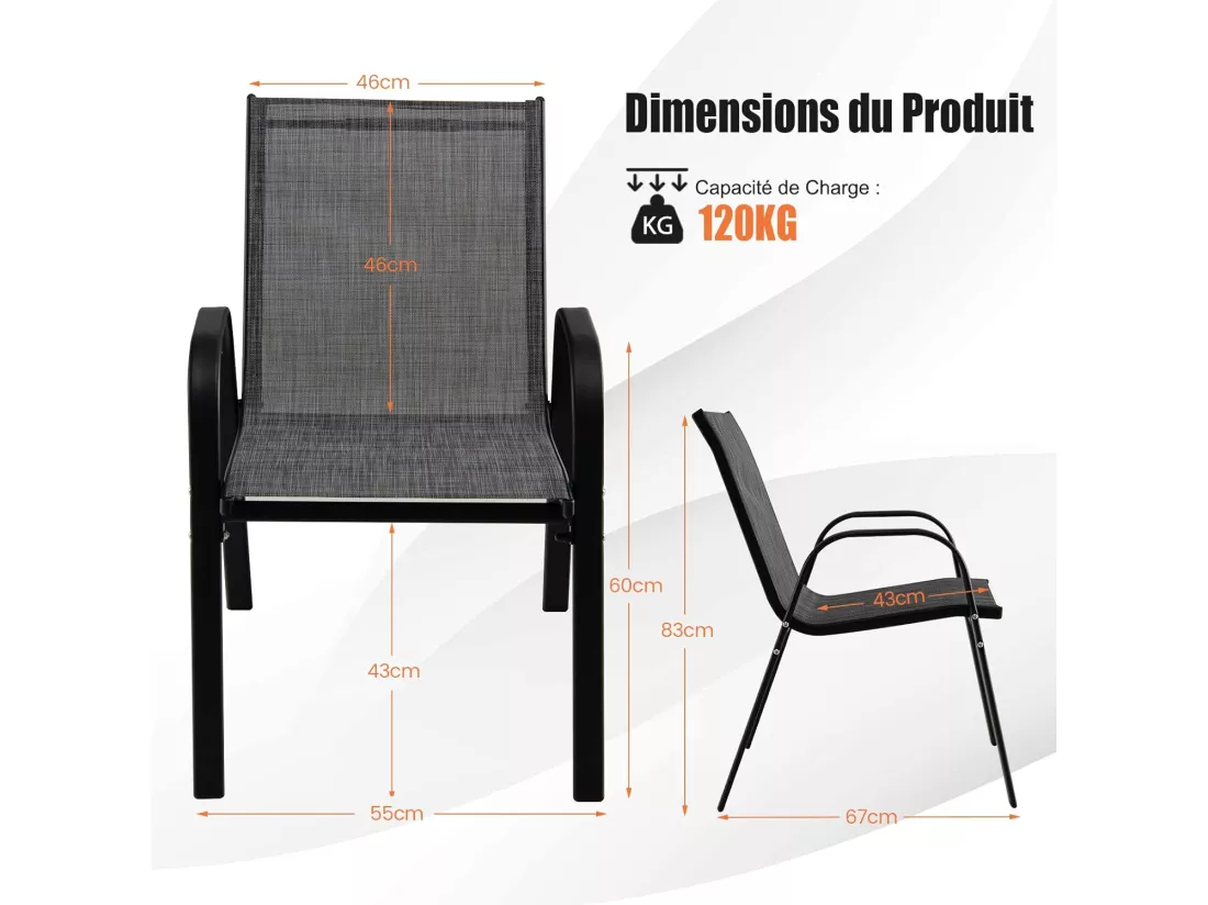 Lot de 4 Chaises de Jardin, Charge 120 kg Empilable pour Terrasse, Balcon, Patio, 83 x 68 x 56 cm, en Métal & Tissu et velours,Gris